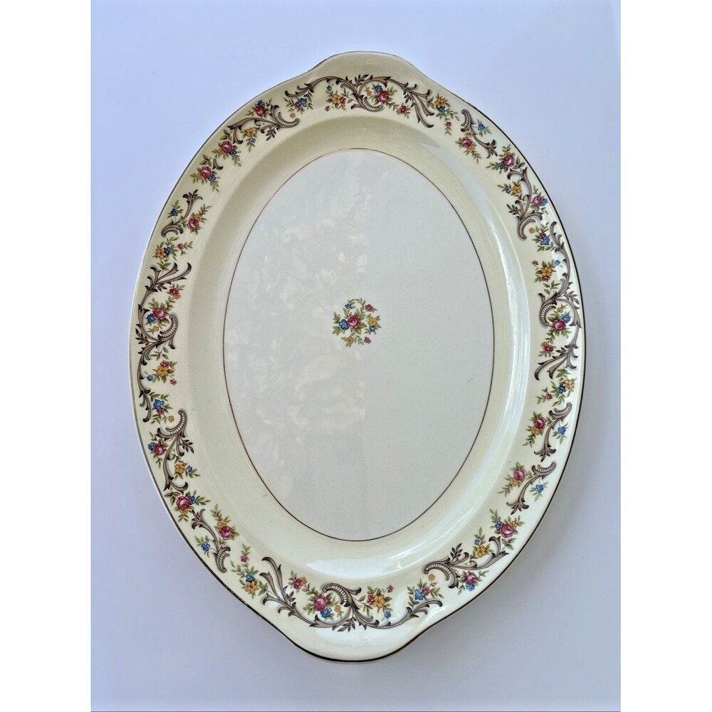 Vtg Taylor Smith & Taylor USA Vogue 13" Oval Platter Gold Trim Floral Scrolls